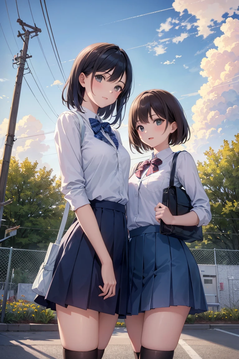 masterpiece, best quality, high resolution, extremely detailed, detailed background, cinematic lighting, dynamic angle, lens flare, outdoors, sky, cloud, power lines, building, fence, multiple girls, (2girls:1.4), long hair, short hair, skirt, jacket, school uniform, bag, utility pole,