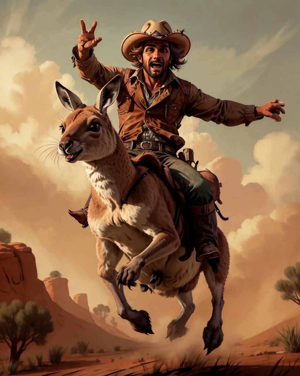 a cowboy riding a jumping kangaroo with short arms<lora:riding_a:0.7>