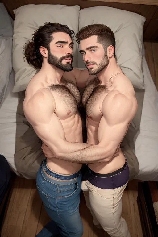 ((2men, duo)), hairy, facial hair,very close, touching each others, sexual desire, (masterpiece, high quality), underwear, <lora:TightFit v1:1> high angle view , pants,