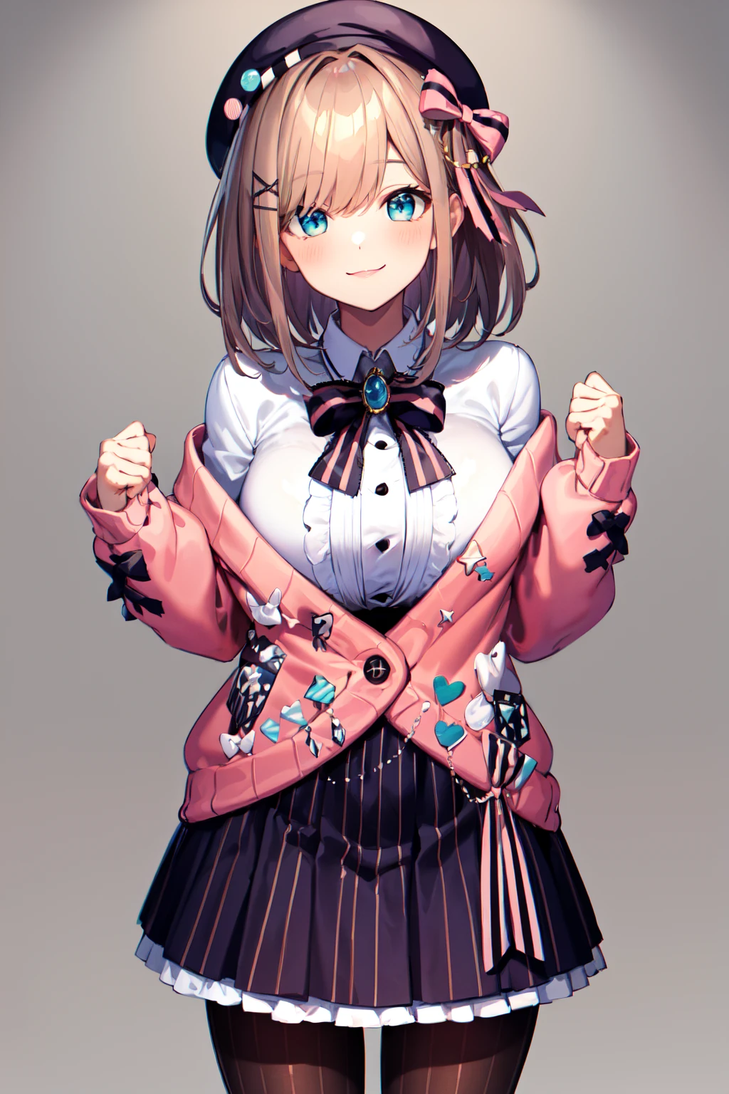 masterpiece, best quality, highres, hmsl1, beret, x hair ornament, medium hair, pink bow, large breasts, jewelry, pink cardigan, brooch, white shirt, vertical-striped skirt, striped pantyhose, <lora:suzuhara_lulu_v10:0.7>, cowboy shot, standing, smile,