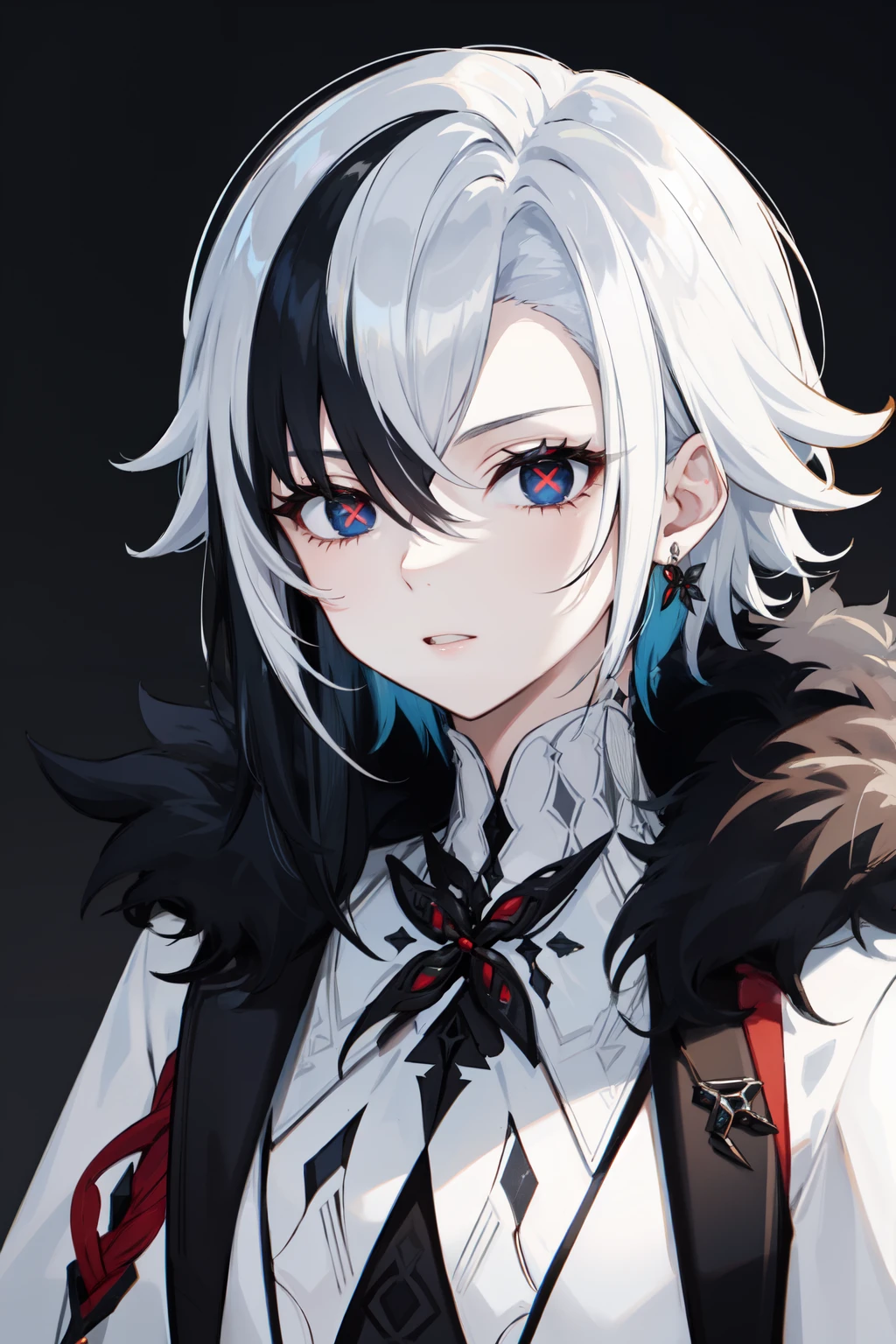 <lora:arlecchino-v2:1>Arlecchino(genshin impact), x shaped pupils, 1girl, solo, black hair, multicolored hair, fur trim, red pupils, x-shaped pupils, symbol-shaped pupils, short hair, white hair, hair between eyes, upper body, streaked hair, fur-trimmed coat, jewelry, earrings, black eyes, bangs