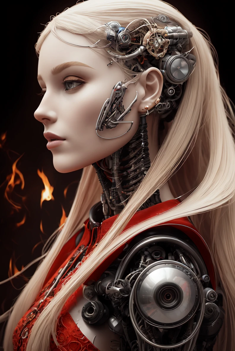 8K, fire ,red, flame,,explosion, , highly detailed, a beautiful ultra detailed of a beautiful profile, biomechanical cyborg,deamon 1mechanical girl,((ultra realistic details))woman with all ruby red dress, fantasy,, fantasy, intricate, elegant, highly detailed, , sharp focus, illustration,red black hole, MCSkin complex 3d render ultra detailed of a beautiful profile, biomechanical cyborg, analog, 150 mm lens, beautiful natural soft rim light, big leaves and stems, roots, fine foliage lace, colorful details, samourai, Boris Bidjan Saberi outfit, pearl earring, piercing, art nouveau fashion embroidered, intricate details, mesh wire, mandelbrot fractal, anatomical, facial muscles, cable wires, microchip, badass, hyper realistic, ultra detailed, octane render, volumetric lighting, 8k post-production, red and white with a bit of black, detailled metalic bones, semi human, iridescent colors, Glenn Brown style, white room,(art by David Sims:1.3),,<lora:LowRA:.9>dark theme
