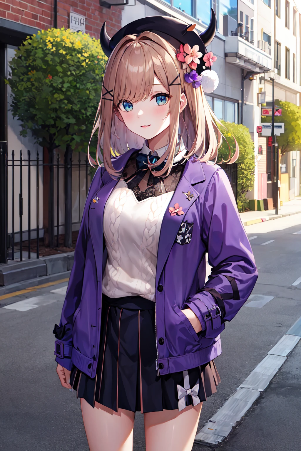 masterpiece, best quality, highres, hmsl1, horned headwear, hair flower, x hair ornament, white sweater, purple jacket, flower, long sleeves, open clothes, black bow, sleeves past wrists, skirt, <lora:suzuhara_lulu_v10:0.7>, cowboy shot, outdoors, street, standing, hand in pocket,