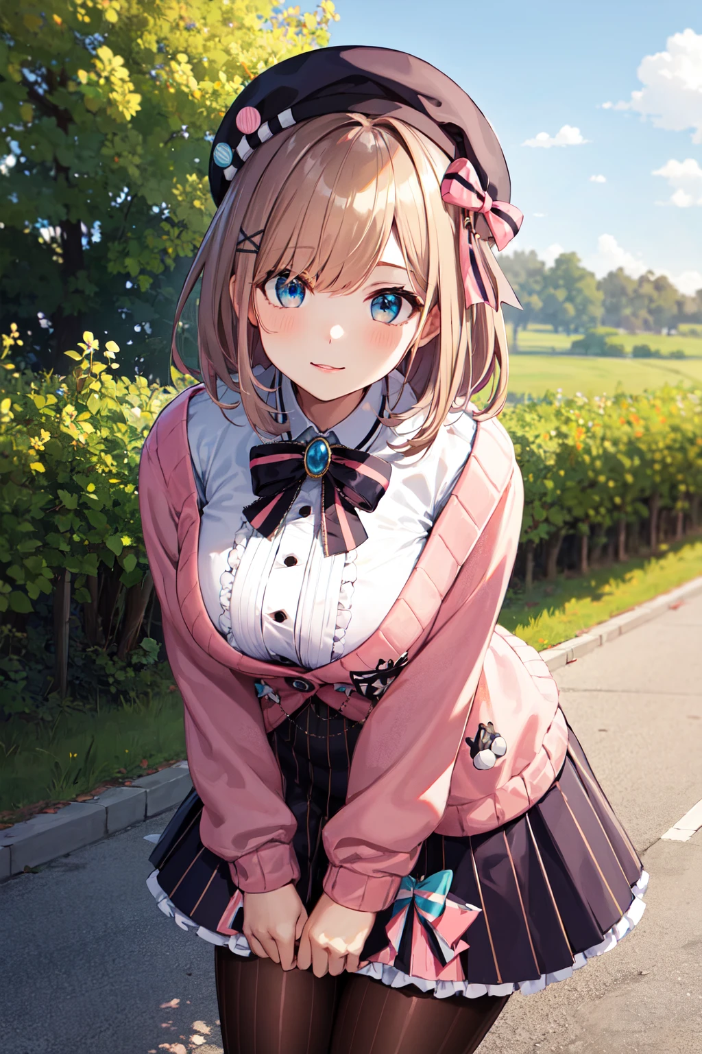 masterpiece, best quality, highres, hmsl1, beret, x hair ornament, medium hair, pink bow, large breasts, jewelry, pink cardigan, brooch, white shirt, vertical-striped skirt, striped pantyhose, <lora:suzuhara_lulu_v10:0.7>, cowboy shot, leaning forward, outdoors