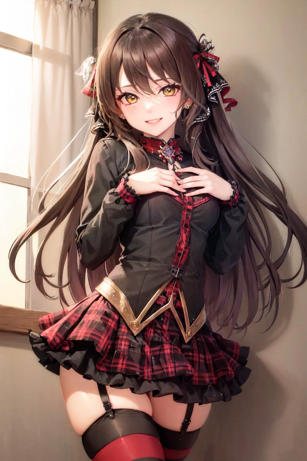 (masterpiece, best quality:1.2), <lyco:attire_stripedthighhighs_redblk-09:1.0>, cowboy shot, solo, 1girl, smile, looking at viewer, hand on own chest, long hair, yellow eyes, black shirt, skirt, striped thighhighs