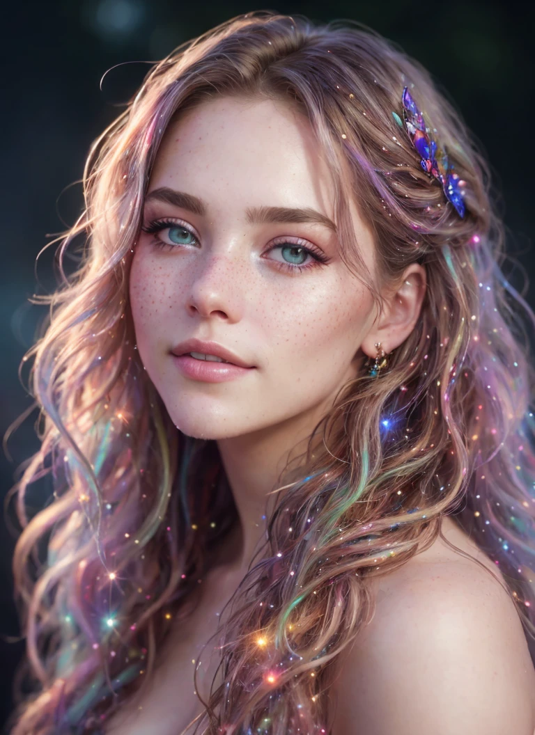 photorealistic painting, close up portrait of ((stunningly attractive)) a woman at a music festival, ((perfect feminine face)), (long loose colorful wavy hair), (glitter freckles), glitter, wearing a dress, intricate, 8k, highly detailed, volumetric lighting, digital painting, intense, sharp focus, art by artgerm and rutkowski and alphonse mucha, cgsociety, creative, glitter fog