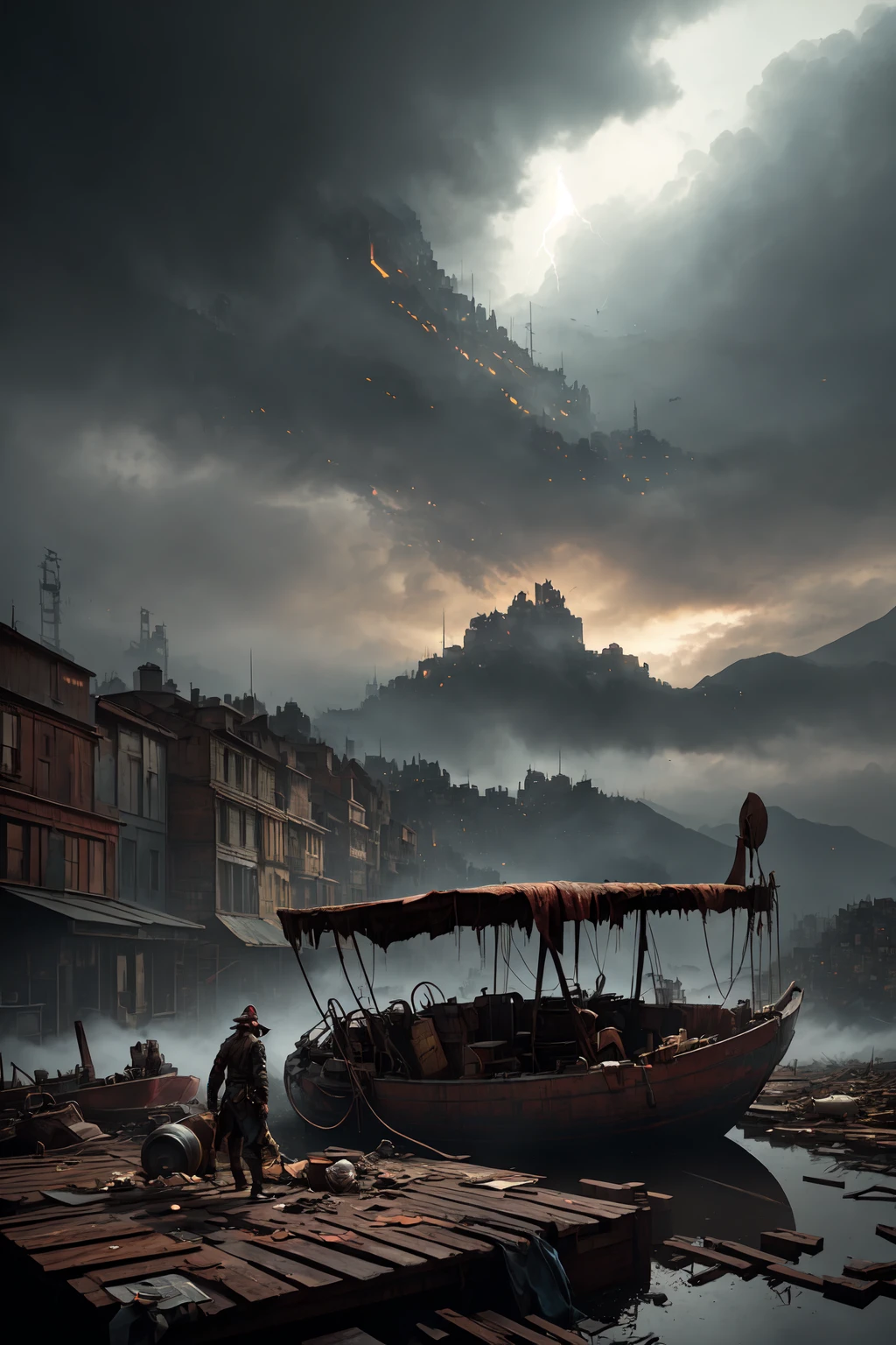 photorealistic, a photo a makeshift flying pirate skiff with jets engines through mountains and clouds, (background upper left side is a grand floating city:1.2), cobbled together, rusted, tattered rags, ramshackle, wood haul, metal, spikes, chains, plates, harpoons, spikes, (perfect composition:1.4), 4k ultrarealistic, cinematic lightening, (glowing lights), high fantasy background, action pose, By jeremy mann, by sandra chevrier, by maciej kuciara, sharp, ((analog)), (highest quality, Alessandro Casagrande, Greg Rutkowski, Sally Mann, concept art, 4k), <lora:epi_noiseoffset2:0.75>, <lora:add_detail:0.15>, <lora:FantasyWorldV1:0.1>,
