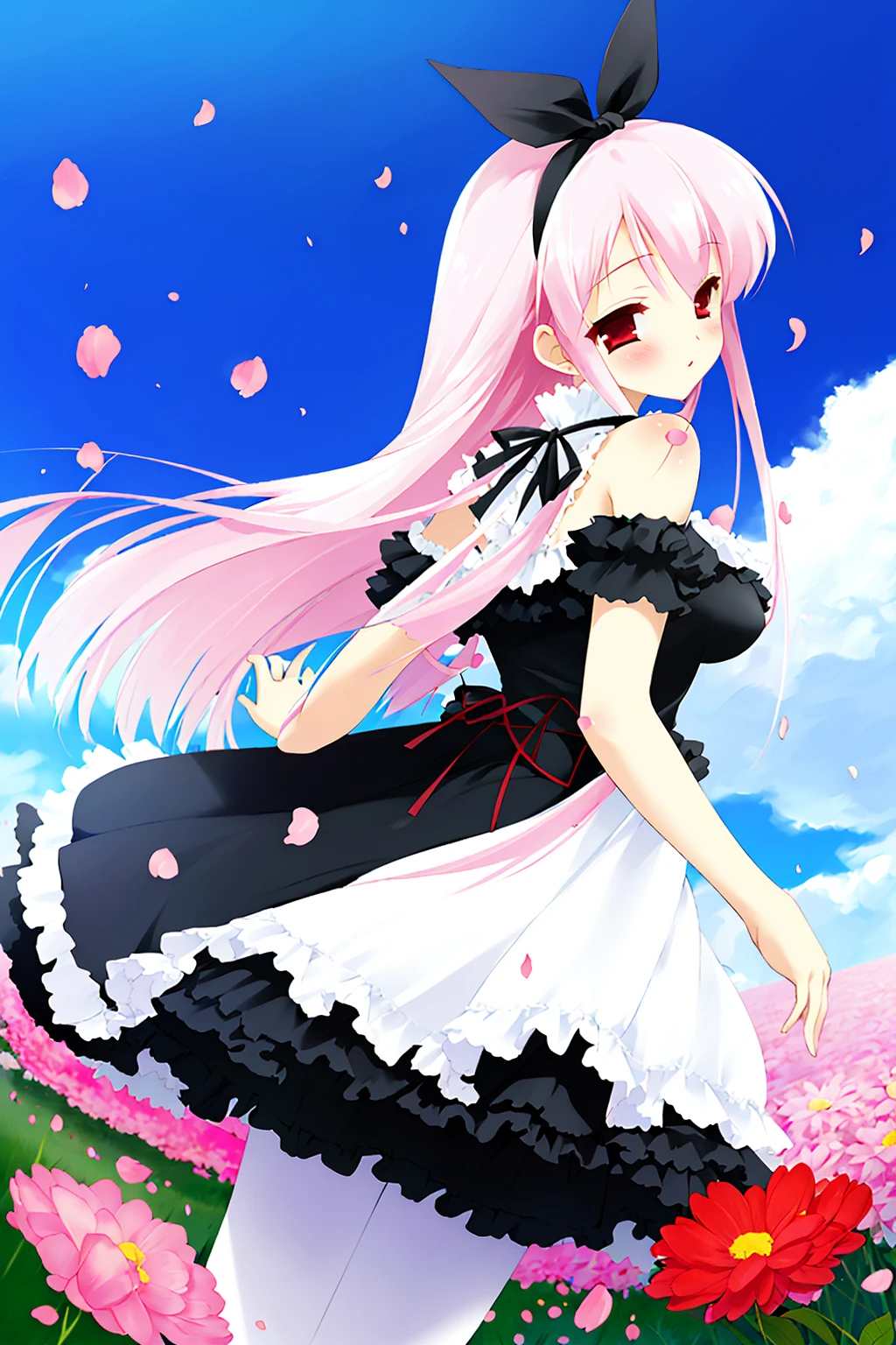 ((masterpiece, high quality, best quality)),
1girl, solo, flower, long hair, red eyes, pink hair, petals, ribbon, pantyhose, sky, blush, field, dress, flower field, day, looking back, frills, fisheye, 
<lora:gayaro-style_v1.0:0.8>