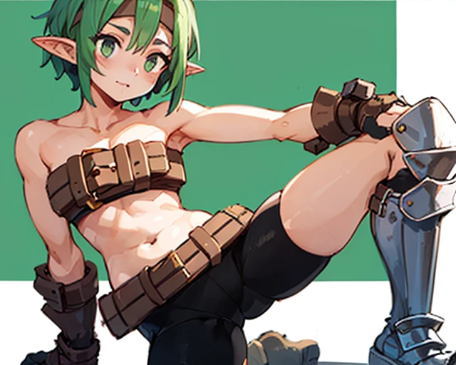 Valkyrie, green hair,short hair,headband,solo,pointy ears.
VAtt,bare shoulders, brown belt,armored boots,bike shorts,midriff,beltbra,beltskirt
(insanely detailed, beautiful detailed face, masterpiece, best quality) <lora:Valkyrie-09:0.8>