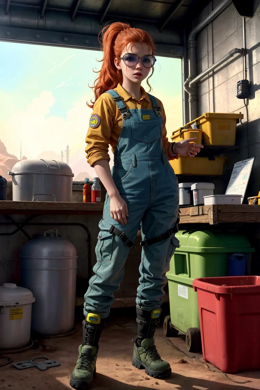 DollieNobodySD15 Post-apocalyptic, shabby Engineer's Uniform: Safety goggles, hard hat, overalls, steel-toed boots, tool belt. shag hair by Yoji Shinkawa Mars Colony, Thriving Martian settlement with pressurized domes, rovers, hydroponic farms, and scientific research. bright morning sunlight shining (zrpgstyle) (masterpiece:1.2) (best quality:1.2) (detailed) (intricate) (8k) (HDR) (cinematic lighting) (sharp focus)