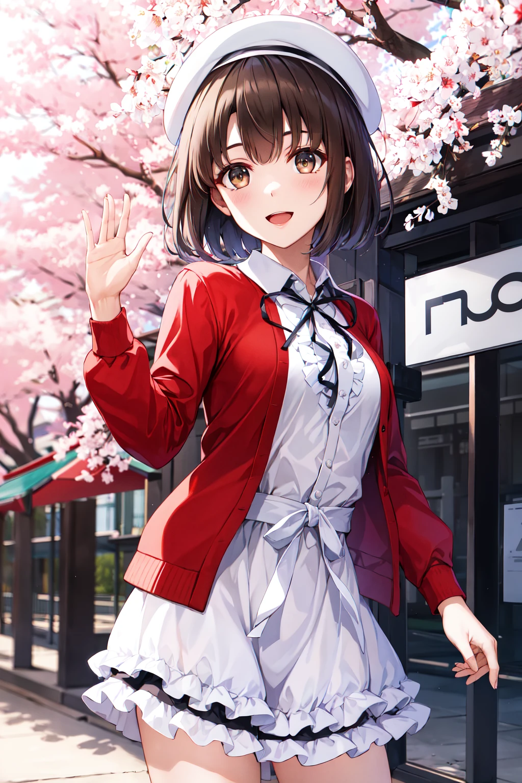 masterpiece, best quality, highres, hmkm1, short hair, white headwear, beret, red cardigan, white dress, frills, ribbon, long sleeves, open clothes, medium breasts, <lora:katou_megumi_v1:0.7>, cowboy shot, standing, cherry blossoms, outdoors, smile, waving, open mouth