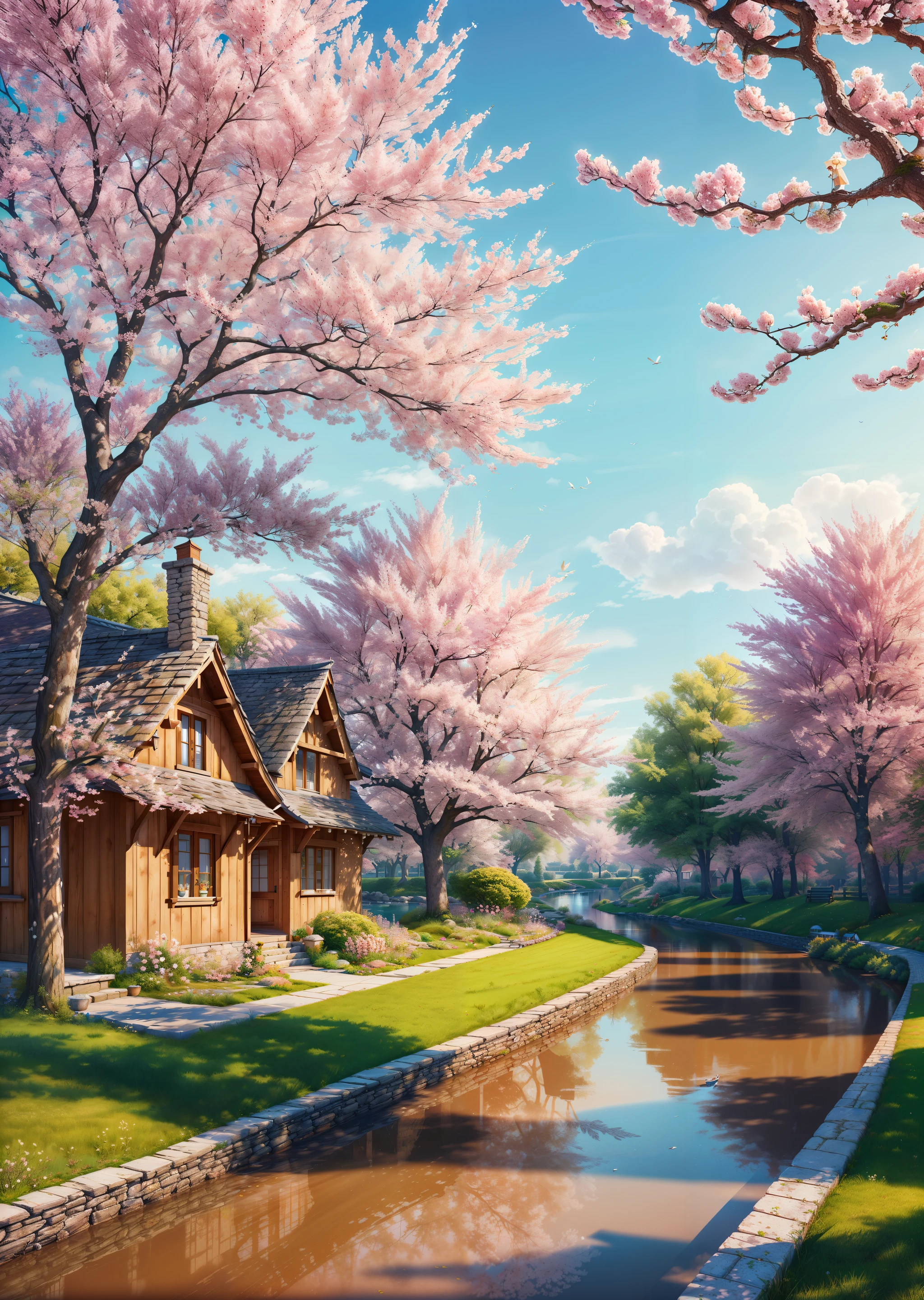A digital illustration of of a countryside landscape of a village, pastel hues, cherry blossom trees, tranquil river flowing through, quaint cottages, gentle breeze, whimsical creatures roaming around, 8k, ((masterpiece)), artstation, highly detailed, sharp focus