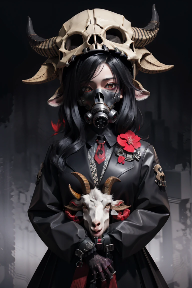 (official art,unity 8k wallpaper,ultra detailed,High quality,best quality),
(zentangle, mandala, tangle, entangle:0.6),(red, black),flat color,limited palette,low contrast,(1girl:1.2),solo,serafuku,long straight black hair,lycoris flower,(goat skull:1.3),(horror),(gloomy),blood,(gasmask:1.3),