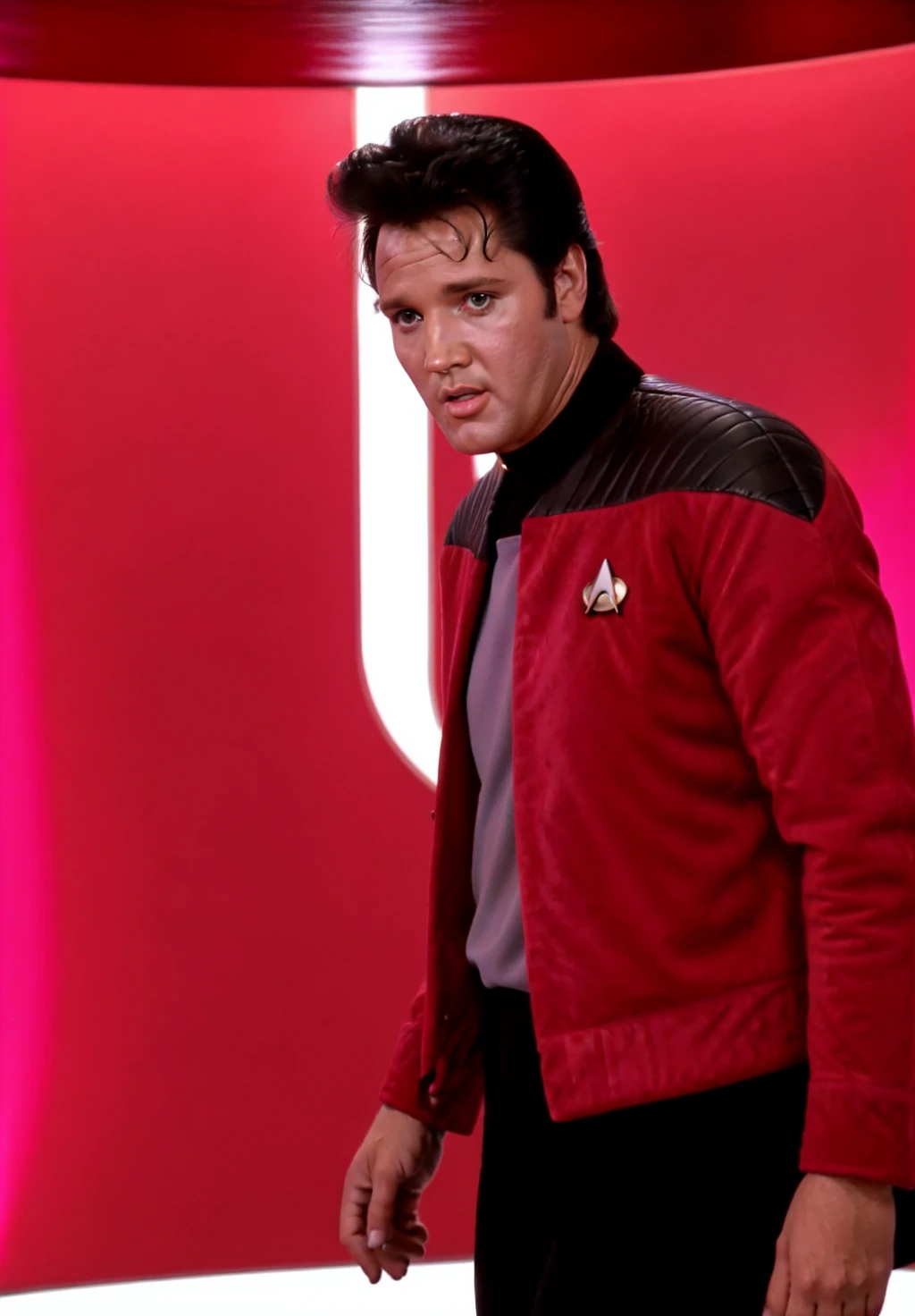 elvis presley in cptvrn jacket, standing in enterprise beam chamber,8k uhd, dslr, soft lighting, high quality, film grain, higly detailed face,ultra detailed,masterpiece quality,Fujifilm XT3<lora:TNGV2:0.7>
