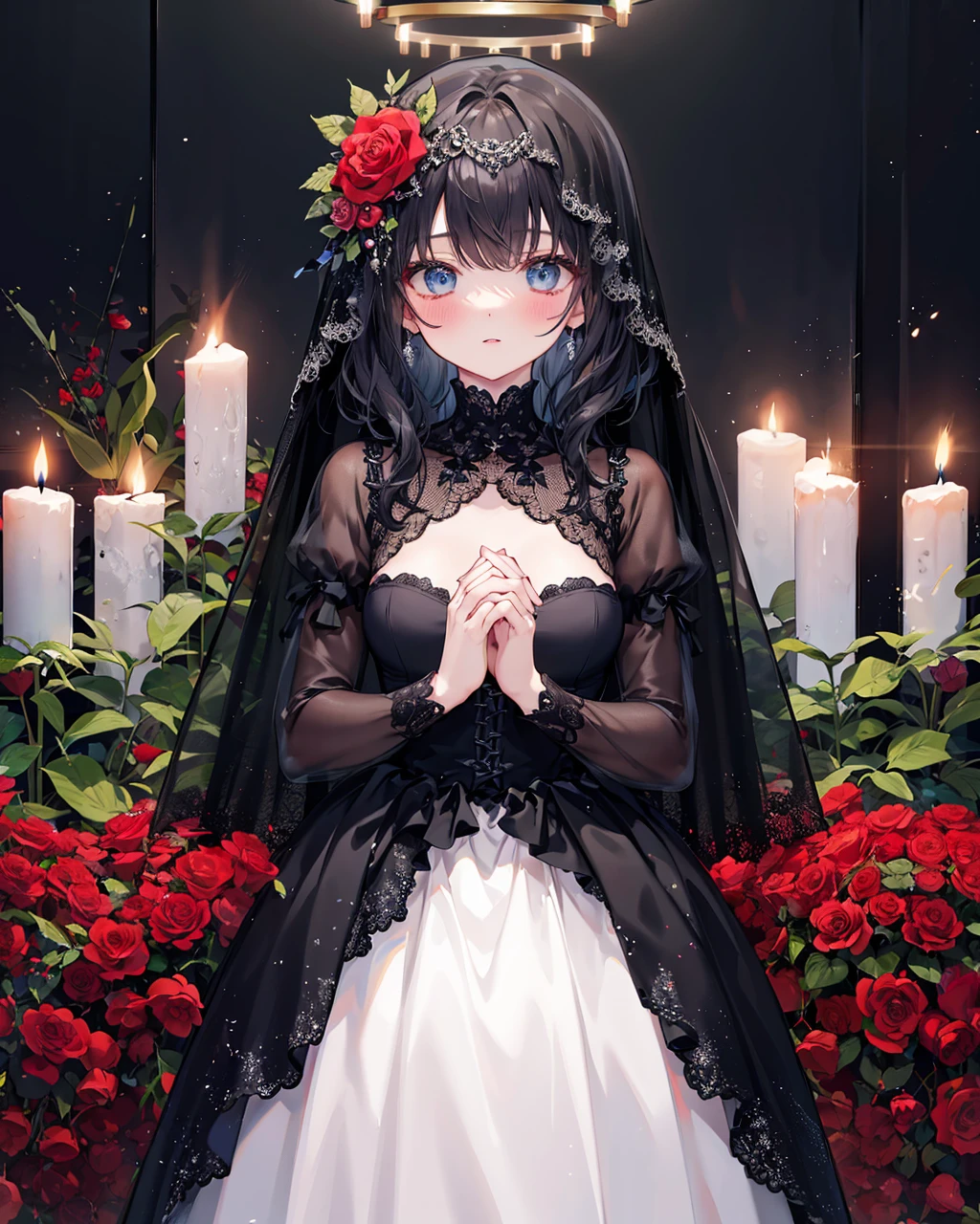 1girl,solo,funeral dress, black veil, long sleeves,own hands together, black hair, veil, black dress, hair flower, hair ornament, looking at viewer, red flower, rose, long sleeves, red rose, bangs, halo, blush, breasts, own hands clasped, blue eyes, puffy sleeves, closed mouth, candle, juliet sleeves, parted lips, standing