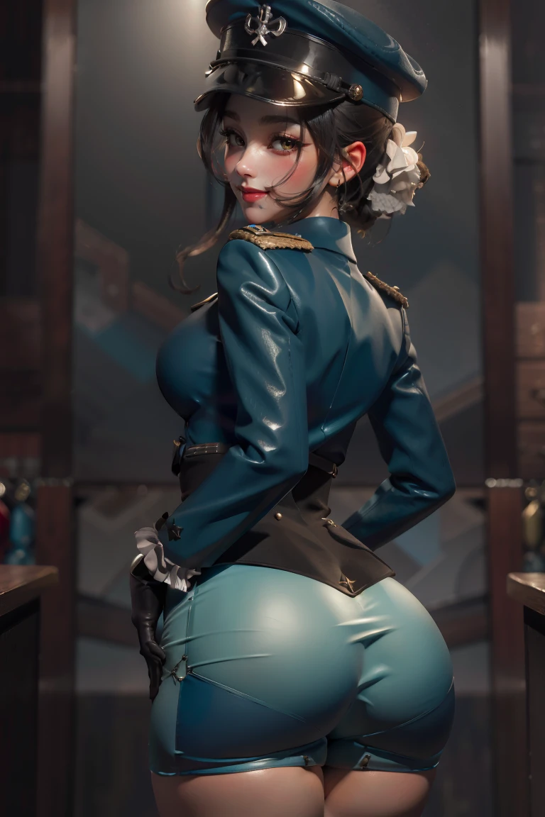 (absurdres,official art,unity 8k wallpaper,ultra detailed,High quality,best quality),1girl,iron cross,blush,peaked cap,skirt,ass,smile,two side up,(ass support),(hands on own ass),white gloves,military uniform,highly detailed,absurdres,masterpiece,