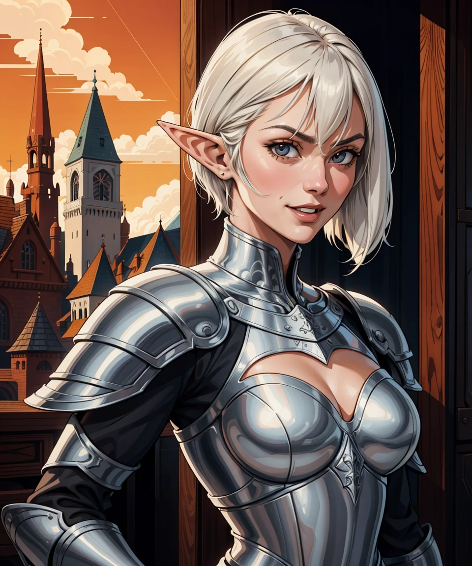 (original-art:1.2),(lineart:1.33),old,1woman,portrait female mature elf woman paladin with white bob hair in medieval market,close-up,laughing,heavy armor,(hyperdefined),(inked-art),red,orange tones,unusual-angle,cartoon,fantasy gothic aesthetic,complex lighting,(flat-colors),hatched-texture,(fine-details:1.2),absurdres,flat-colors,fullscreen,coherent