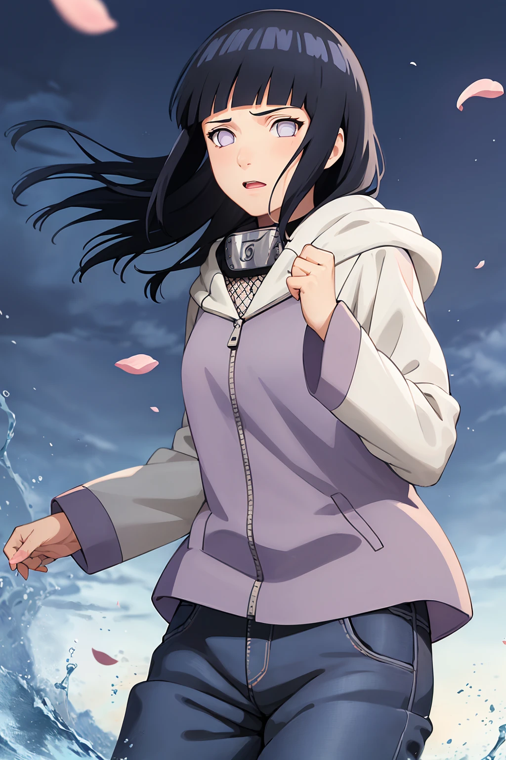 masterpiece, absurdres, 1girl, hinata\(shippuden\), solo,hooded jacket, fishnets, headband around neck, looking at viewer,  floating hair,  wind,  falling petals, blue pants