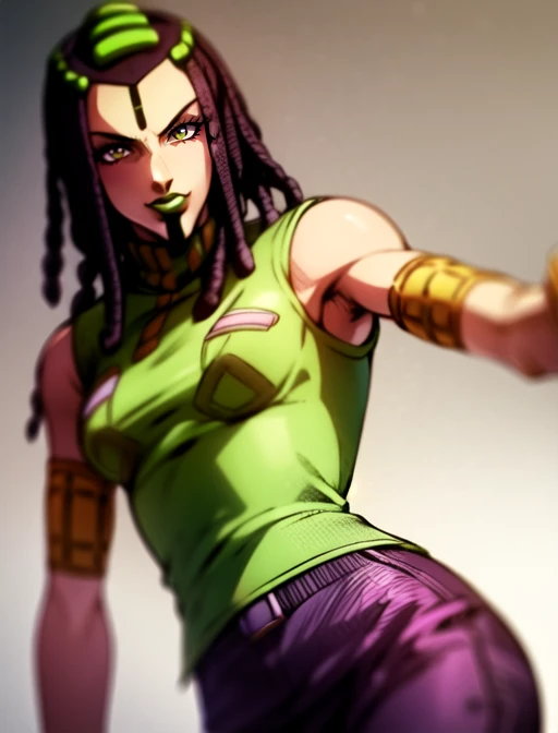 solo, 1girl, ermesjojo, shirt lift, mature female, medium skin, dreadlocks, lipstick, defined lips, <lora:ermesjojo:0.87>