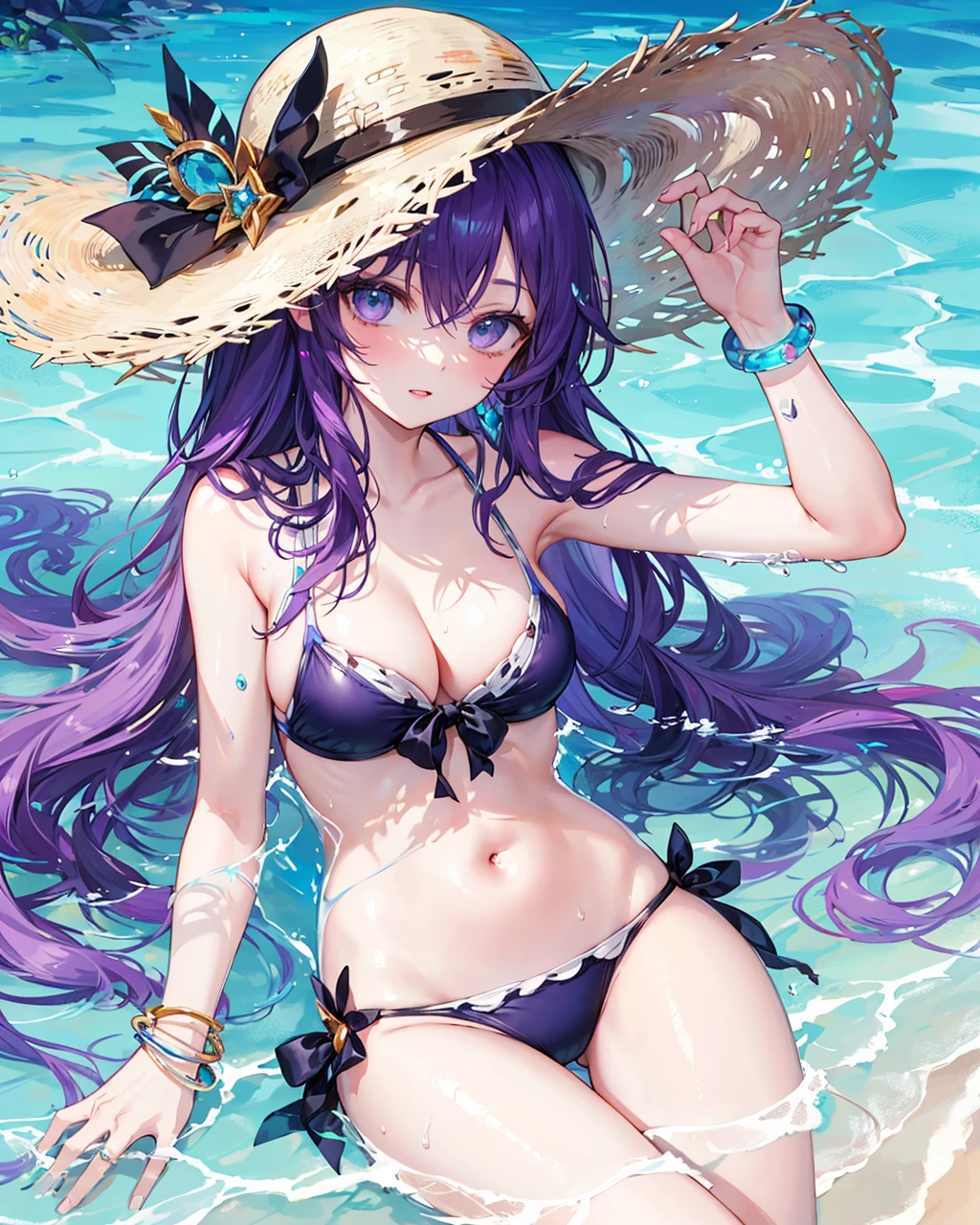 caitlyn (league of legends), swimsuit, hat, bikini, 1girl, breasts, sunglasses, purple hair, partially submerged, sun hat, jewelry, bracelet, cleavage, long hair, water,