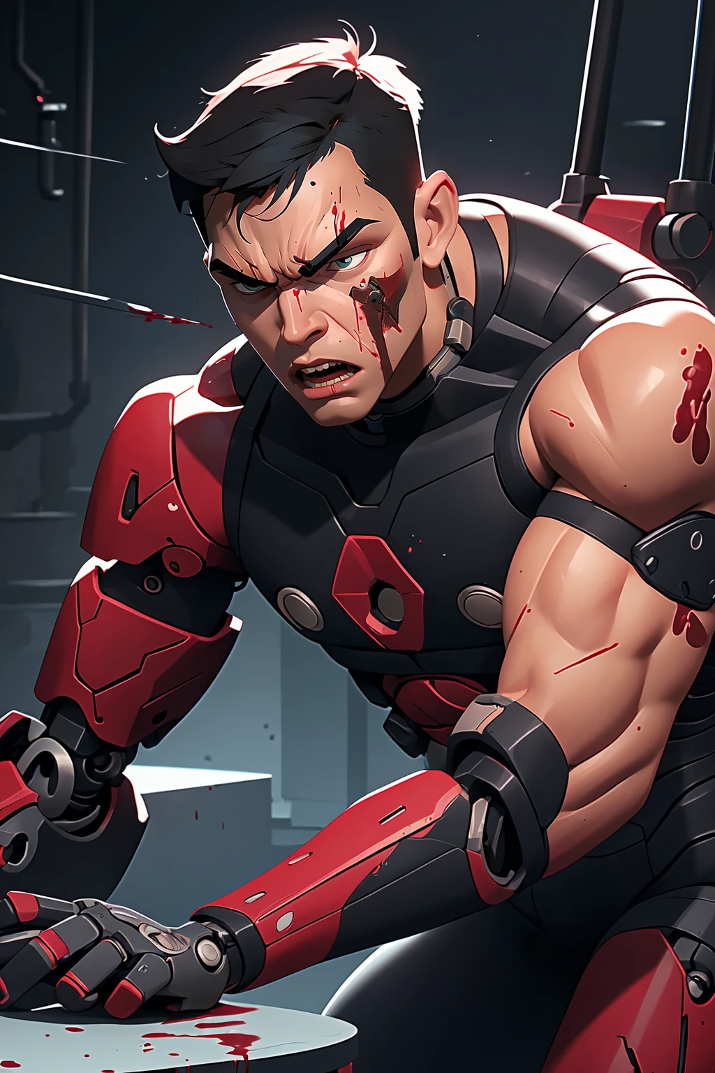 (best quality, masterpiece), 1boy, muscular, cyborg, angry, blood, looking down,