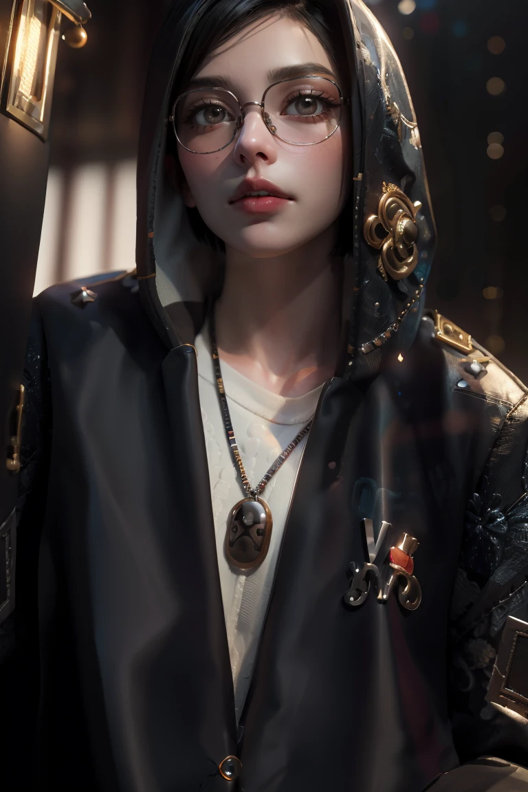 (absurdres,official art,unity 8k wallpaper,ultra detailed,High quality,best quality),1girl,realistic,solo,glasses,eyewear removed,holding eyewear,holding,looking at viewer,jacket,sitting,black hair,indoors,pants,lips,short hair,shirt,white shirt,chair,breasts,long sleeves,
