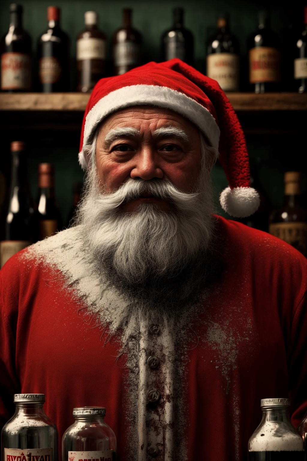 drunk, creepy santa, muddy, crowded bottles bar, intricate details, hdr, intricate details, hyperdetailed, cinematic, dark shot, muted colors, film grainy, soothing tones, muted colors, technicolor
