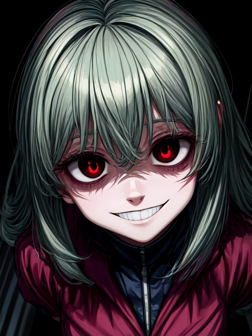 masterpiece, best quality, <lora:conceptBagsUnderEyes_v10:0.7>, bags under eyes, yameroyandere, <lora:LowRA:0.5>, crazy eyes, (crazy smile:1.1), (dark:1.2), dark background, <lora:yameroyandere-v2:0.7>, empty eyes, red eyes, (constricted pupils:1.2), head tilt, <lora:add_detail:1.1>, (from above:1.1),