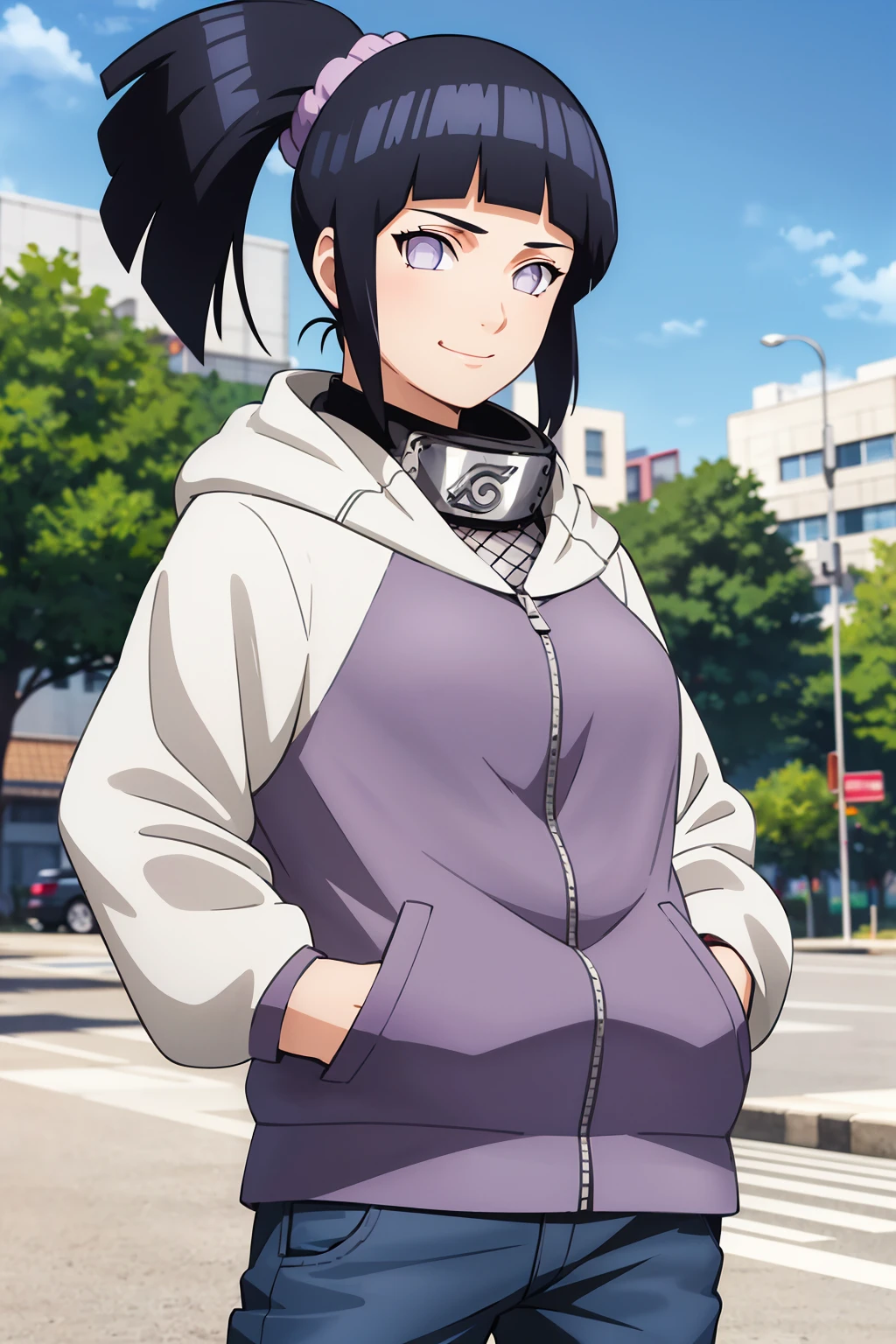 masterpiece, absurdres, 1girl, hinata\(shippuden\), solo,hooded jacket, hands on hips, smile, blue pants, alternate hairstyle, side ponytail, headband around neck, fishnets, large breasts,  konohagakure symbol, outdoors, hands in pockets, looking at viewer,