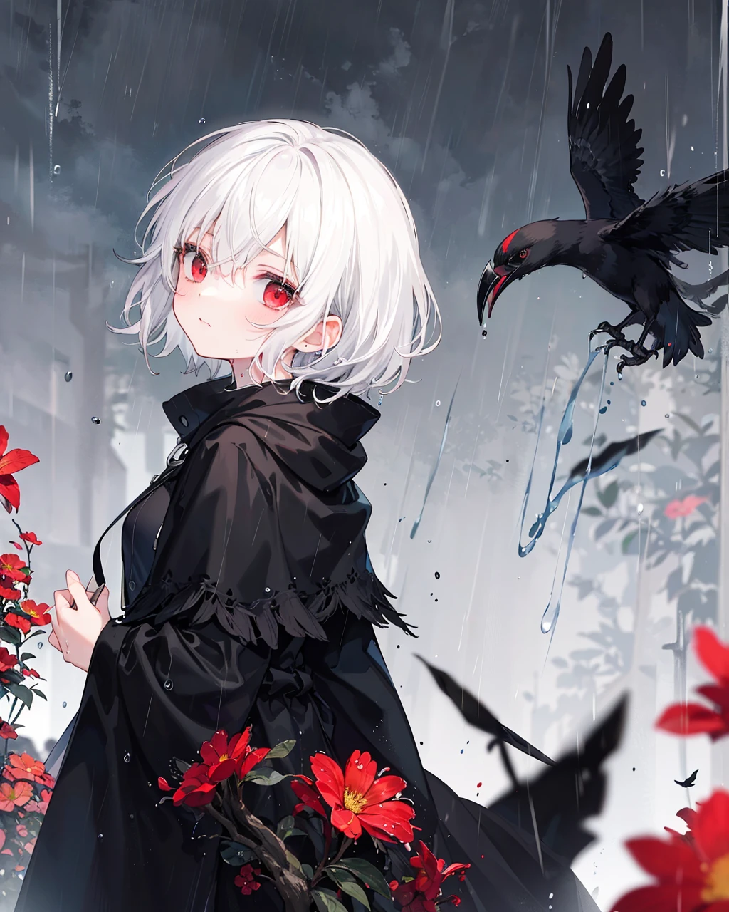 masterpiece, best quality,1girl,white hair,red eyes,flowers,black feather cloak,rain,ao,black feather,looking back,crow,emotionless,wet,fog,depth of field, pastel colors,