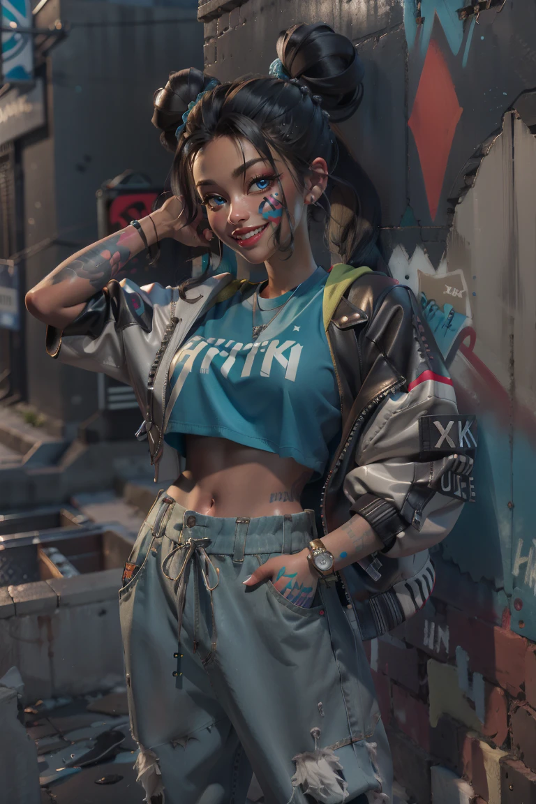 (absurdres,official art,unity 8k wallpaper,ultra detailed,High quality,best quality),1girl,(crop top),long hair with buns,blue eyes,graphic white t-shirt,oversized jogger pants,leather jacket,lean against the wall,backstreet,graffiti on the wall,hiphop,smiling,perfect symmetrical face,
