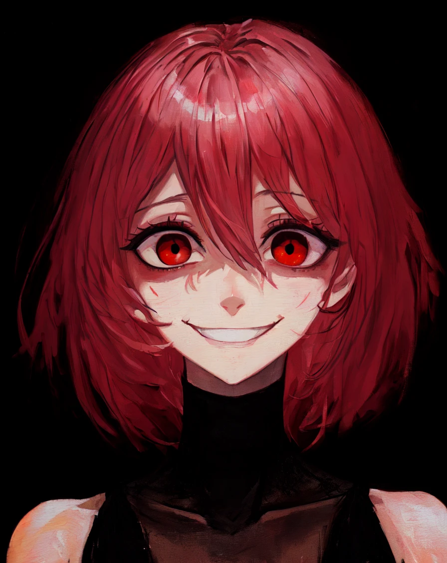 masterpiece, best quality, <lora:yameroyandere-v2:0.75>, (crazy eyes:1.3), (crazy smile:1.4), (shaded face:1.1), mature female, dark, dark background, <lora:add_detail:0.8>, yandere, yandere trance, empty eyes, red eyes, half-closed eyes, wide-eyed, oil painting \(medium\), (watercolor \(medium\):0.8), film grain, pink hair, short hair,