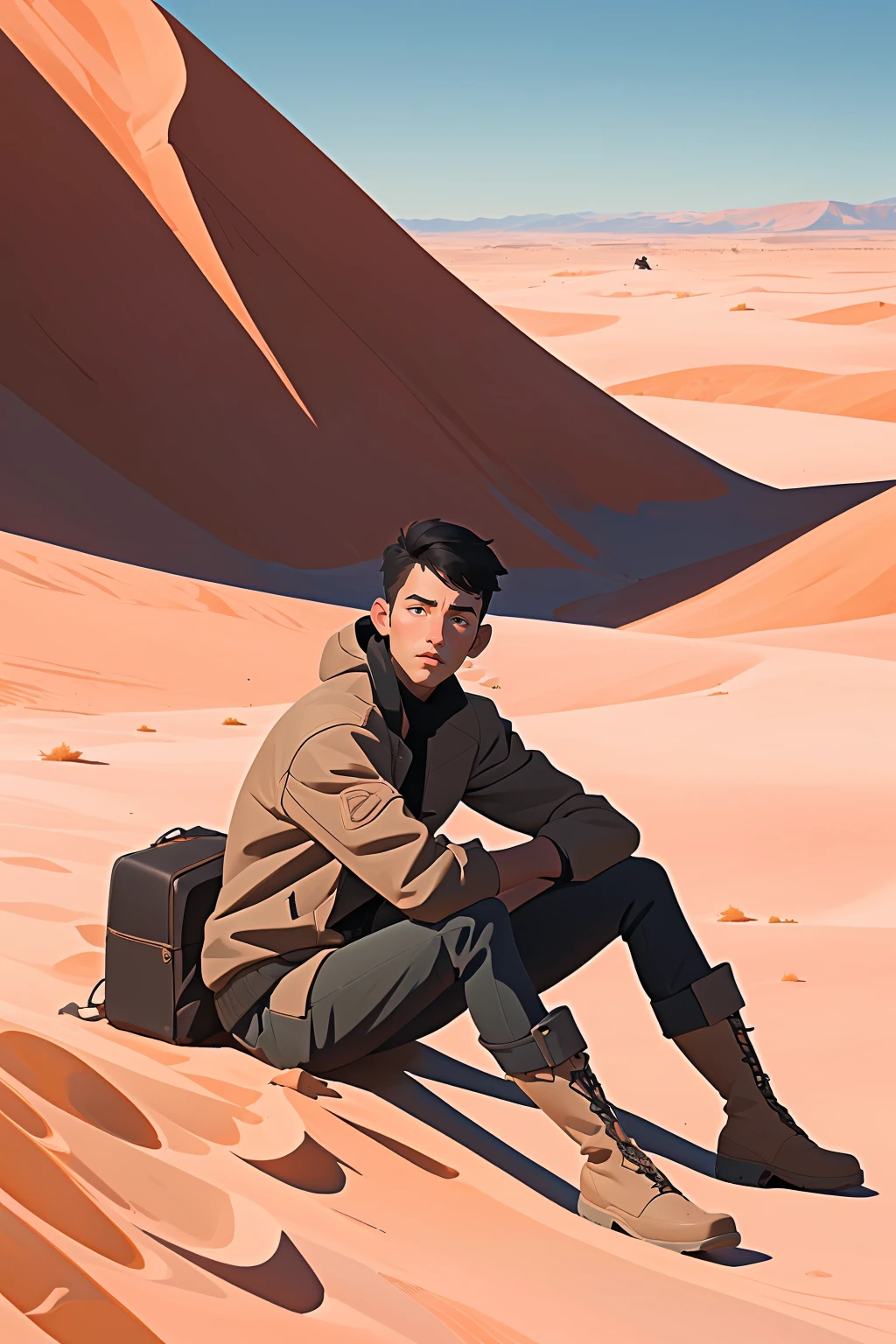 (best quality, masterpiece), 1boy, traveler, desert, shwal, sitting, jacket, boots,
