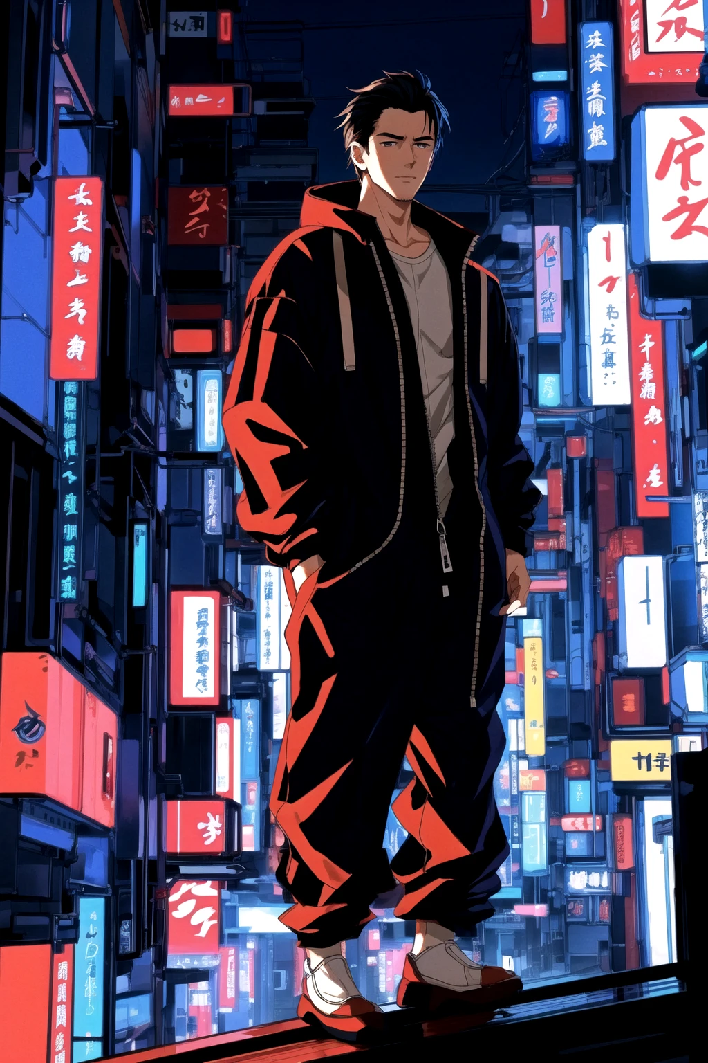 1man,yaoi, masterpiece, a handsome japanese man with a baggy partially unzipped jumpsuit stands on the roof of a japanese home in neo tokyo, cyberpunk, detailed, cinematic lighting, muscular,<lora:add_detail:0.5>