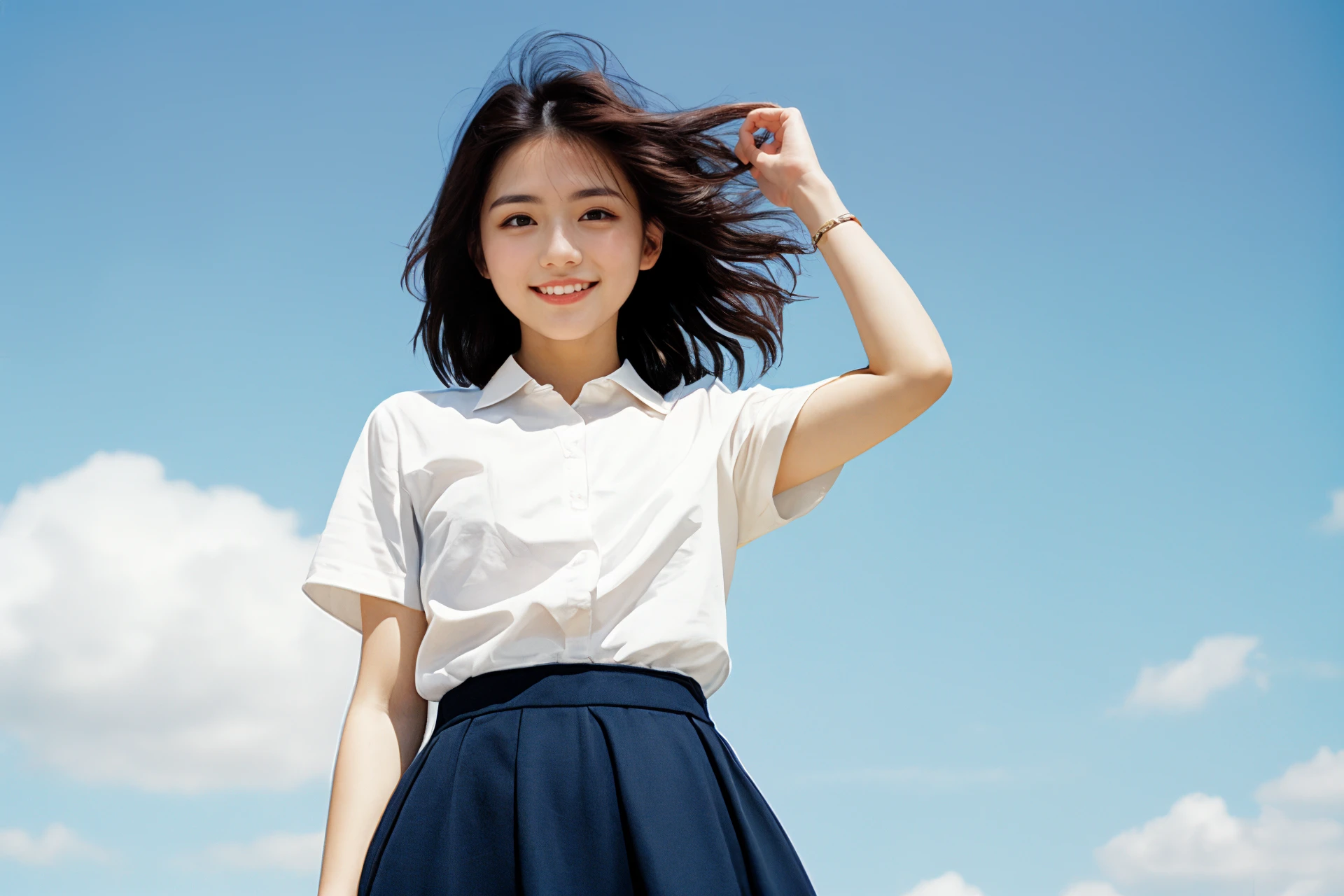 (long shot:1.5),film photography,(from below:0.7),Pentax photography,
(blue sky:1.5),solo,A girl with (((short hair))) and a (bright smile) wore (white collared shirt&blue long skirt),with her locks floating around her face.(look looking at viewer:1.2),
<lora:YA510:0.8>,