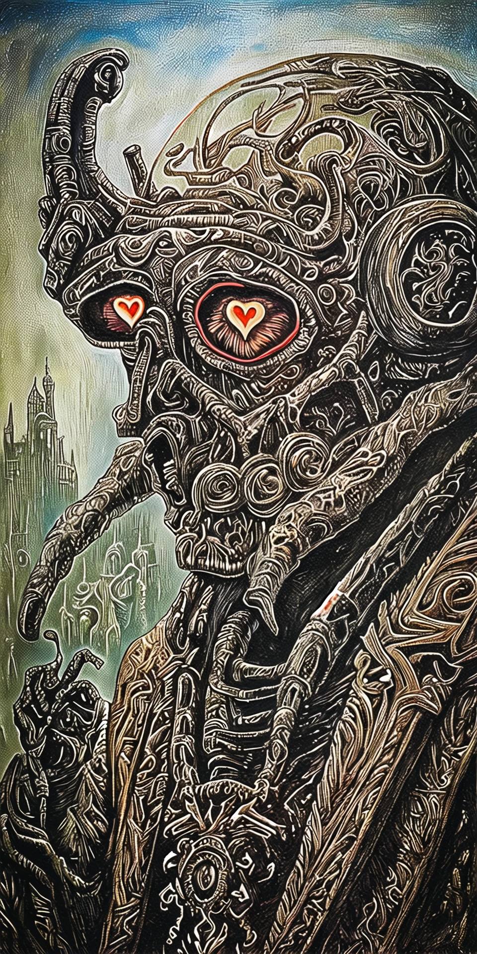 methurlant, A portrait of a robot, <lora:methurlant:1>, (intricate, atmospheric, surreal, gritty, cinematic, stylized, contrast, comic, eerie, stylized, cybernetic, futuristic, dystopian), Whirlwind, , Empty birdcage,Gas masks,Skeletons, Grotesque,Unearthly, (Afterimage and optical illusion colors:1.1), (Perspective:1.1), (Sgraffito:1.1), (Candlelight:1.2), Lace, Heart, ultra detailed, intricate, oil on canvas, dry brush, (surrealism:1.1), (disturbing:1.1)