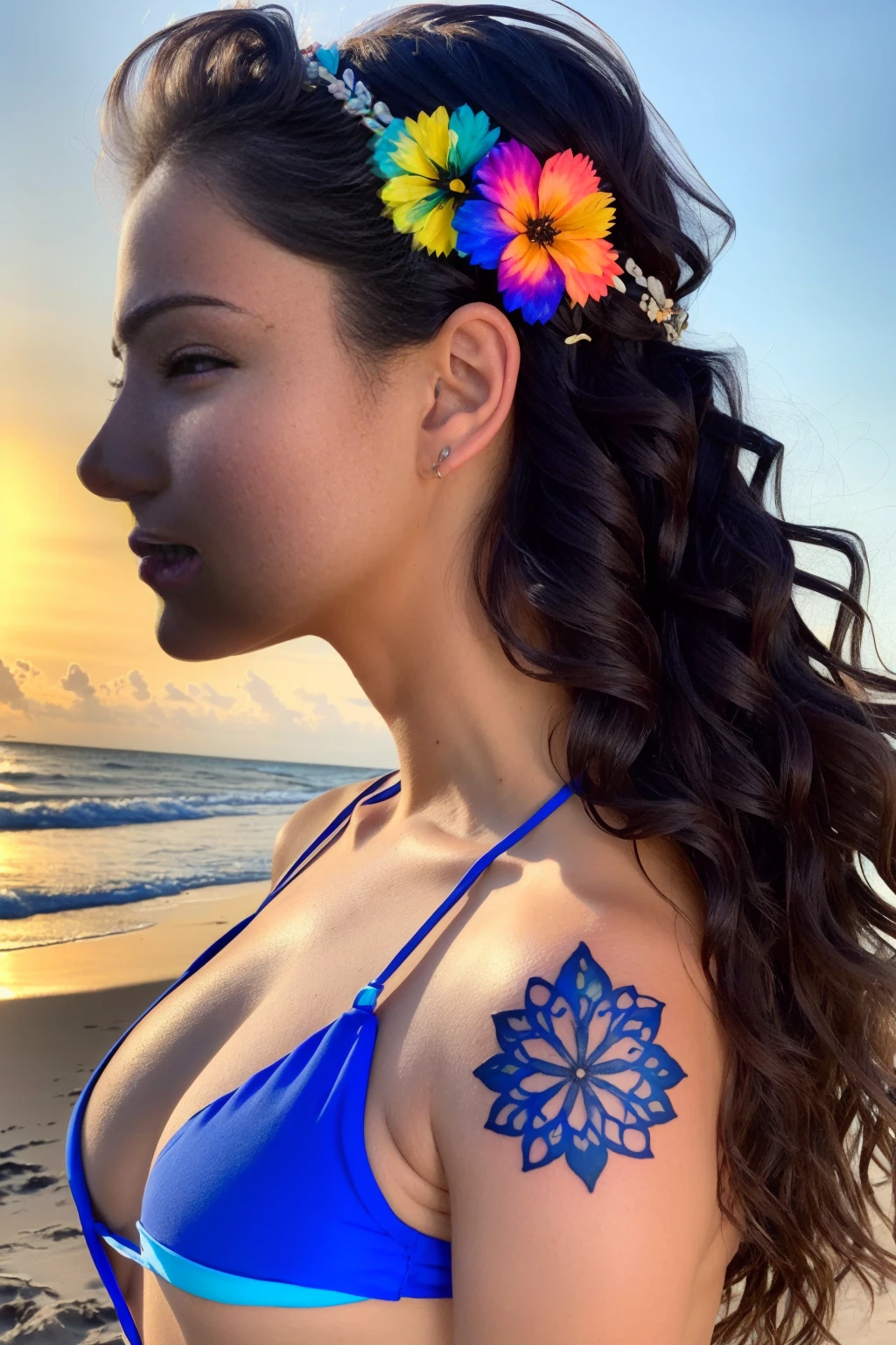 ((best quality)), ((masterpiece)), ((inked)), majestic intricately detailed BREAK,a portrait of a beautiful rainbow woman, from the side, she has long wavy hair, she is wearing an intricate bikini, hair flower accessory background of a beach, palm, sunset, sun-kissed, sunflare, <lora:xEpi:1.4><lora:Elixir:1>
