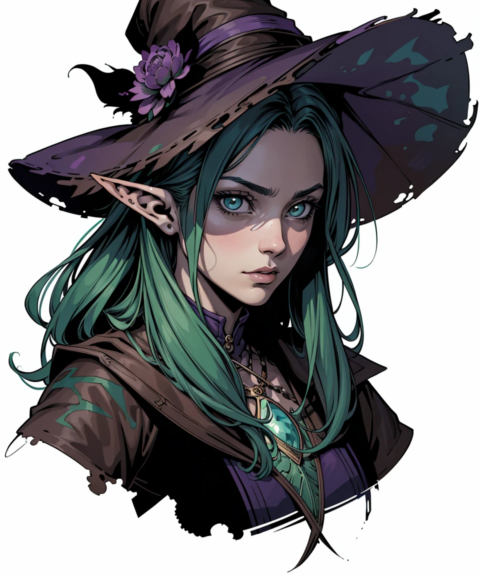 (original-art:1.2),(lineart:1.33),young,1girl,portrait female elf witch in a decaying swamp,close-up,disappointed look,heavy-hat,long-torn-clothes,snake,(hyperdefined),(inked-art),purple green tones,unusual-angle,cartoon,fantasy victorian aesthetic,dramatic complex lighting,(flat-colors),hatched-texture,(fine-details:1.2),absurdres,flat-colors,fullscreen,coherent
