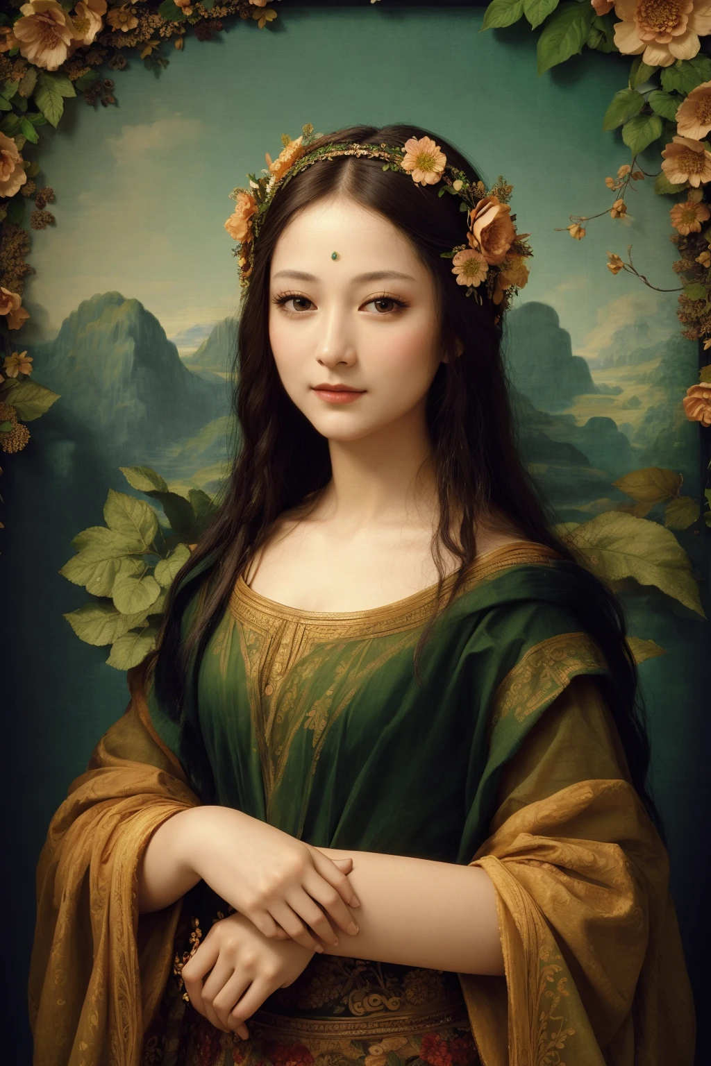 The model wears an elaborate headpiece made entirely of leaves, flowers and vines that cascade down and frame her face. Her makeup is done in green and gold tones to match the natural theme. She gazes serenely at the viewer with a Mona Lisa smile. The overall color palette is bright spring greens, accentuated with warm sunlight effects. (RAW photo, best quality),(realistic, photo-realistic:1.3), clean, masterpiece,finely detail,masterpiece,ultra-detailed,highres,(best illustration),(best shadow),intricate, bright light
