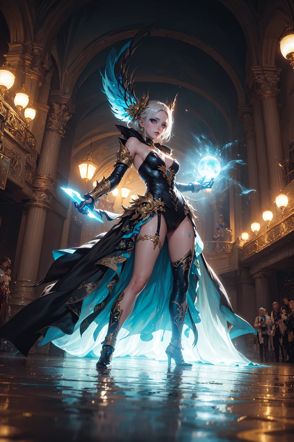 (Masterpiece:1.2), best quality, (illustration:1.2), enticing,(Masterfully crafted Glow, lens flare), (ultra-detailed), hyper details, (delicate detailed), (intricate details), (cinematic light, best quality Backlights), clear line, solo female, solo female, perfect body, (1girl), bioluminescent hair, glowing eyes, slightly close eyes, fantasy, (Dynamic:1.2), ((makeup)), high contrast, (best illumination, an extremely delicate and beautiful), ((cinematic light)), colourful, powerful, (Cinematic masterpiece), photoshoot, Fate Grand Order, mythic, splashes of colour, absolutely eye-catching, ((colourful paint splashes on  background, dulux,)), ((caustic)), dynamic angle, beautiful detailed lights, (Captivating),(Intricately Detailed Cinematic Golden Colosseum:1.1), ambient occlusion, ambient light, ray-traced reflections, intricately detailed glint blade phalanx, subsurface scattering,  (fantasy leader:1.2), vibrant , high contrast