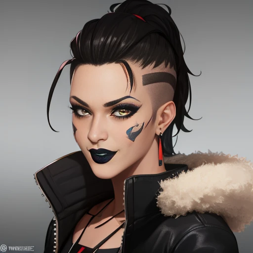 MadMaggie, hair slicked back, yellow eyes, black lips,makeup,eyeshadow, black nails, facial tattoo , solo, crazy smile, upper body, looking at viewer,
Madattire, black jacket, spikes, white shirt ,black footwear, black fingerless gloves,earrings,fur trim,necklace, middle finger, fuck you,
(insanely detailed, beautiful detailed face, masterpiece, best quality) <lora:Maggie-10:0.7> <lora:SingleMiddle:1>