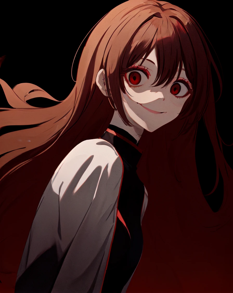 masterpiece, best quality, <lora:yameroyandere-v2-000013:0.75>, (crazy eyes:1.2), (crazy smile:1.15), (shaded face:1.15), mature female, dark, dark background, <lora:add_detail:0.8>, yandere, yandere trance, empty eyes, red eyes, half-closed eyes, wide-eyed, film grain, brown hair, long hair