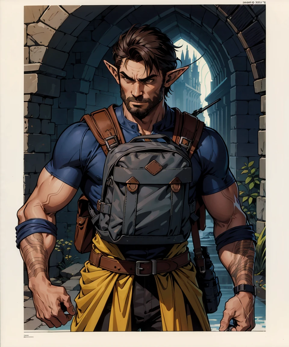 (original-art:1.2),(lineart:1.33),mature,1man,portrait male elf rogue adventurer walking upstream in the sewers holding his backpack,close-up,effort,heavy-backpack,(hyperdefined),(inked-art),epic,bright blue brown yellow tones,unusual-angle,ruins setting,cartoon,medieval gothic aesthetic,complex lighting,(flat-colors),hatched-texture,(fine-details:1.2),absurdres,flat-colors,ultradetailed,coherent,good-proportions
