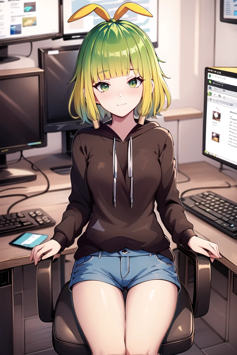 best quality, masterpiece, absurdres, banchan, 1girl, brown hoodie, blue shorts, computer, keyboard \(computer\), monitor, mouse \(computer\),
<lora:banchan-23:1>