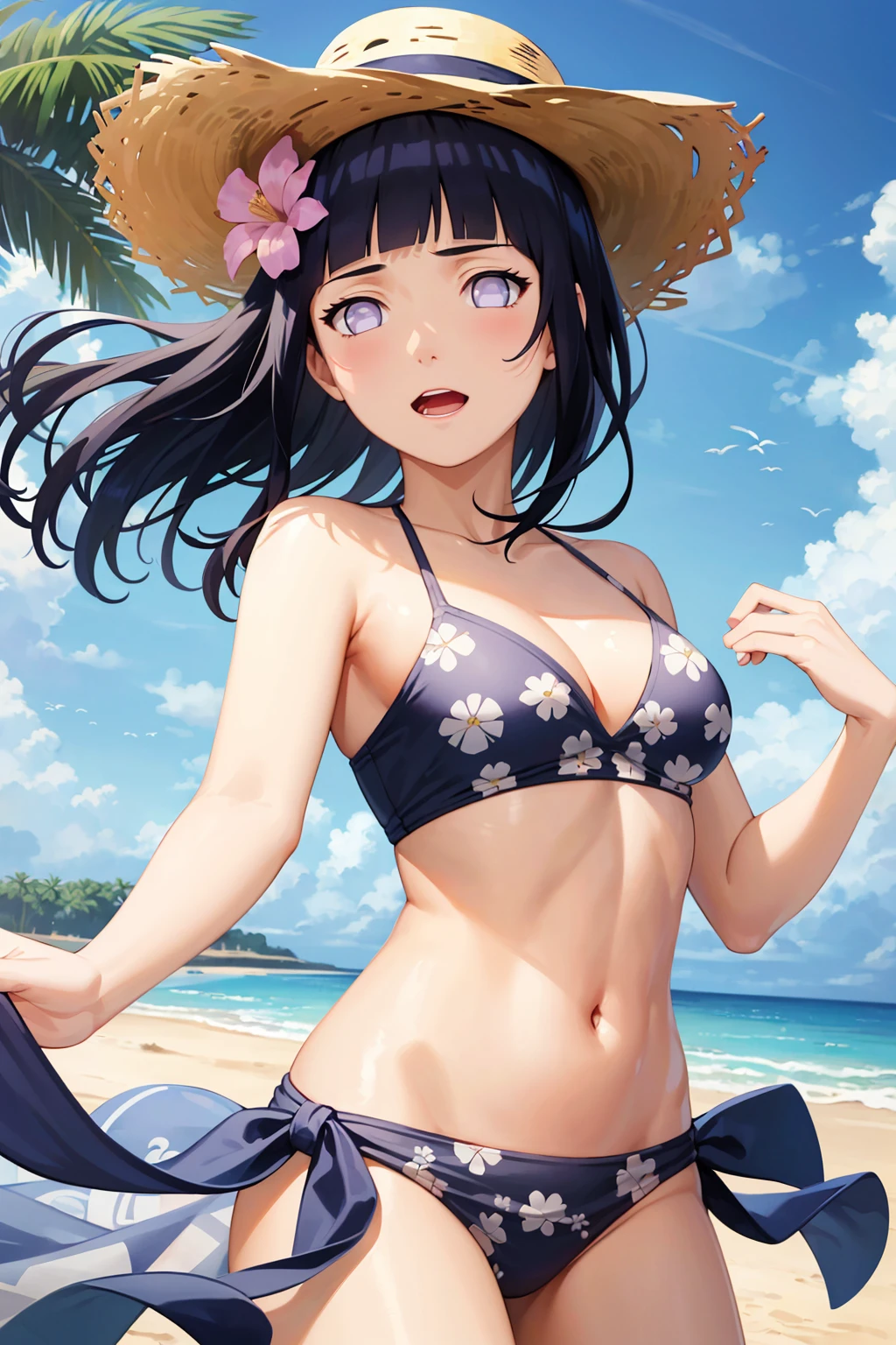 masterpiece, absurdres, 1girl, hinata\(shippuden\), solo, straw hat,midriff, bikini,  print sarong,   beach, palm tree, sunlight, floating hair, happy,parted lips, open mouth,hair ornament,  hair flower,    looking at viewer,