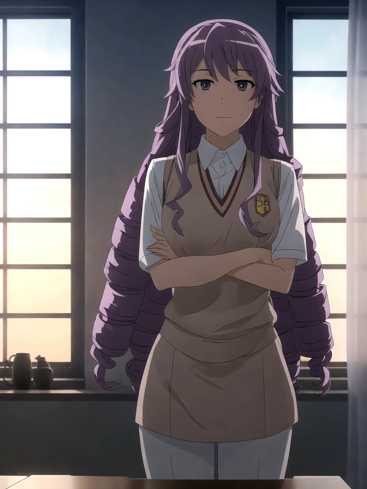 1girl, (shapely body), (solo), 19 years old, hdr, <lora:Junko_Hokaze_V4:0.7>, school uniform, epic realistic, RAW, analog, (1 person), realistic shadows, ((highly detailed skin, skin details)), sharp focus, 8k UHD, DSLR, high quality, Fujifilm XT3, soft cinematic light, adobe lightroom, photolab, hdr, intricate, highly detailed, (hdr:1.4), sunrise, purple hair