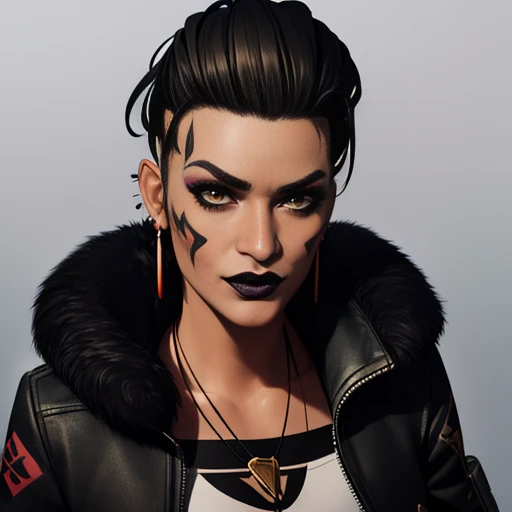 MadMaggie, hair slicked back,  yellow eyes, black lips,makeup,eyeshadow, black nails,facial tattoo ,  solo, standing, 
Madattire,black jacket,spikes,white shirt ,black footwear, black fingerless gloves,earrings,fur trim,necklace,
(insanely detailed, beautiful detailed face, masterpiece, best quality) <lora:Maggie-10:0.7>