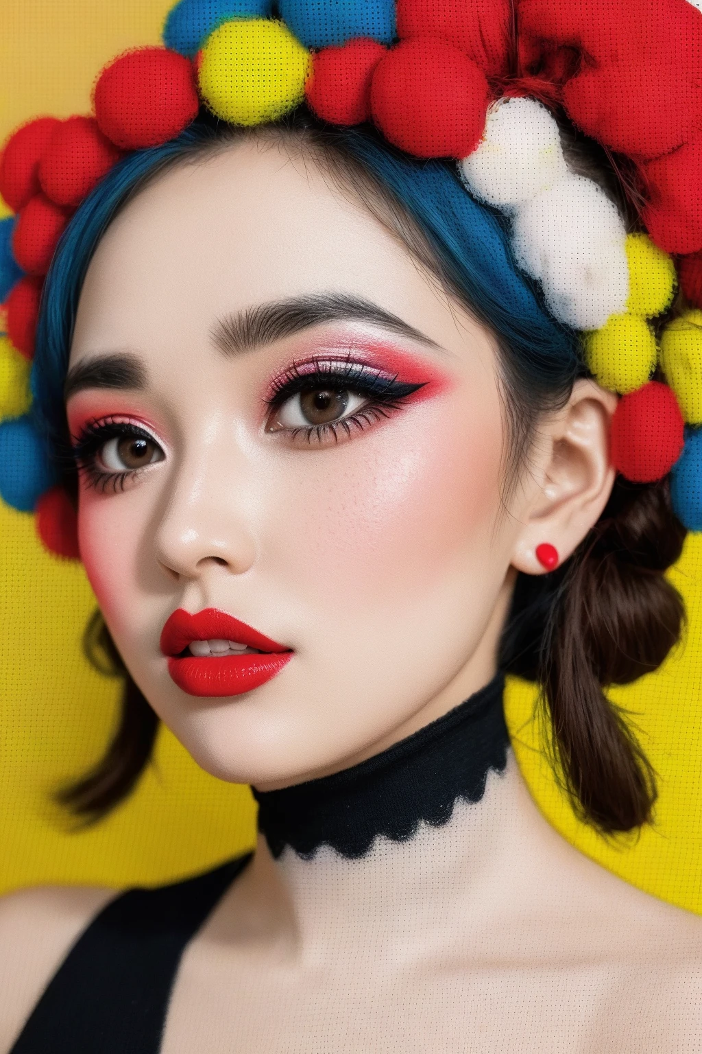1girl is dressed and made-up in the style of a Roy Lichtenstein pop art cartoon. Her gown is polka-dotted, and her makeup features exaggerated dots, bright colors and speech bubbles. She has an animated, comic expression. The set is designed in the same style with benday dots, speech bubbles and "Pow!" graphics. The color palette is entirely retro dots - yellow, red and black. (RAW photo, best quality),(realistic, photo-realistic:1.3), clean, masterpiece,finely detail,masterpiece,ultra-detailed,highres,(best illustration),(best shadow),intricate, bright light