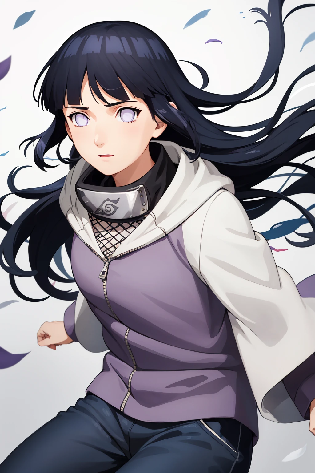 masterpiece, absurdres, 1girl, hinata\(shippuden\), solo,hooded jacket, fishnets, headband around neck, looking at viewer,  floating hair,  wind, blue pants, 