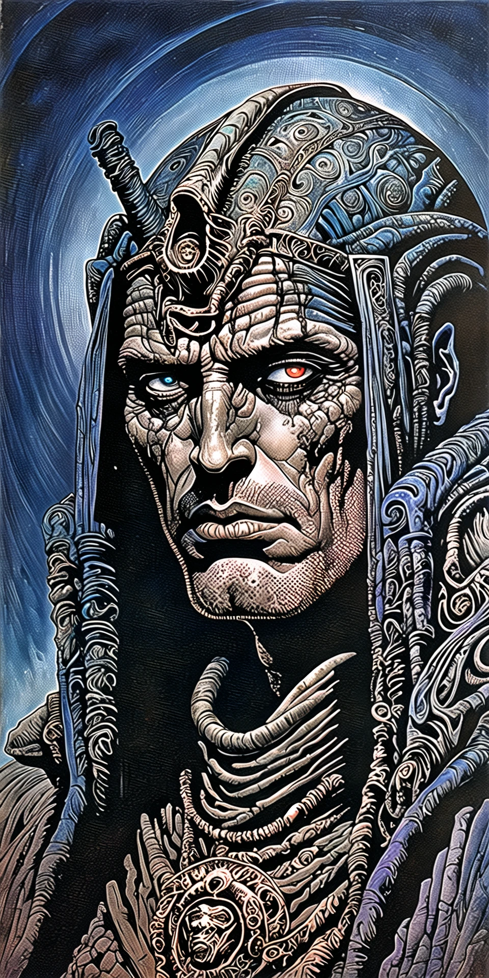 methurlant, A portrait of a alien, <lora:methurlant:1>, intricate, atmospheric, surreal, gritty, cinematic, stylized, contrast, sci-fi, comic, Clear sky, , Chessboard, Haunting, (Color symbolism and psychology:1.1), (Proportion:1.1), (Drybrush:1.1), (Underwater light:1.2), Marble, Star, ultra detailed, intricate, oil on canvas, dry brush, (surrealism:1.1), (disturbing:1.1)